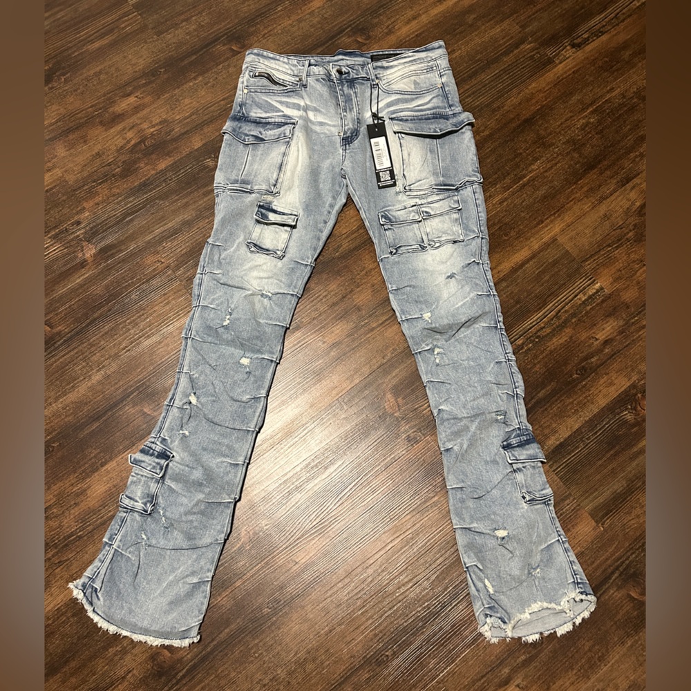 NWT Men’s Rockstar Original Gentry Light Blue Stacked Flare Slim Fit Jeans, Sz36